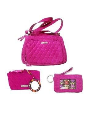 SET Vera Bradley Crossbody Bag All in One Cosmetic Pouch w Mirror ID Zip Pink